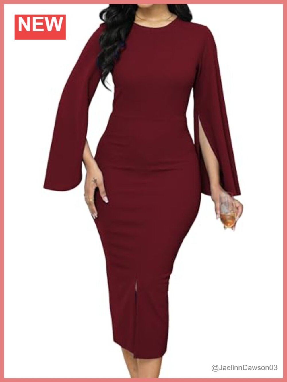 Women's Round Neck Bell Sleeve Business Pencil Midi Dress